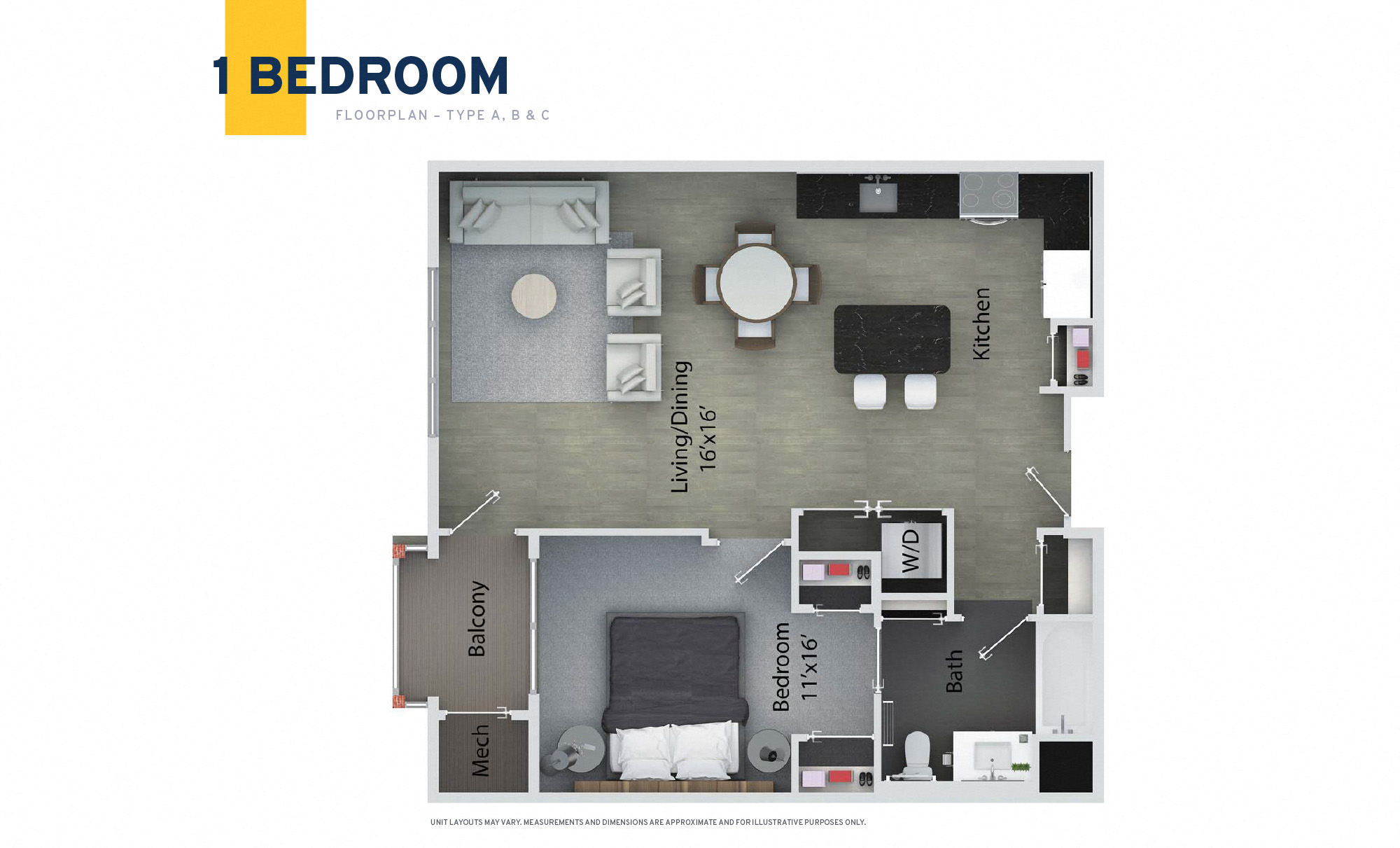 Floor plan for 1 bed, 1 bath, 770 sqft